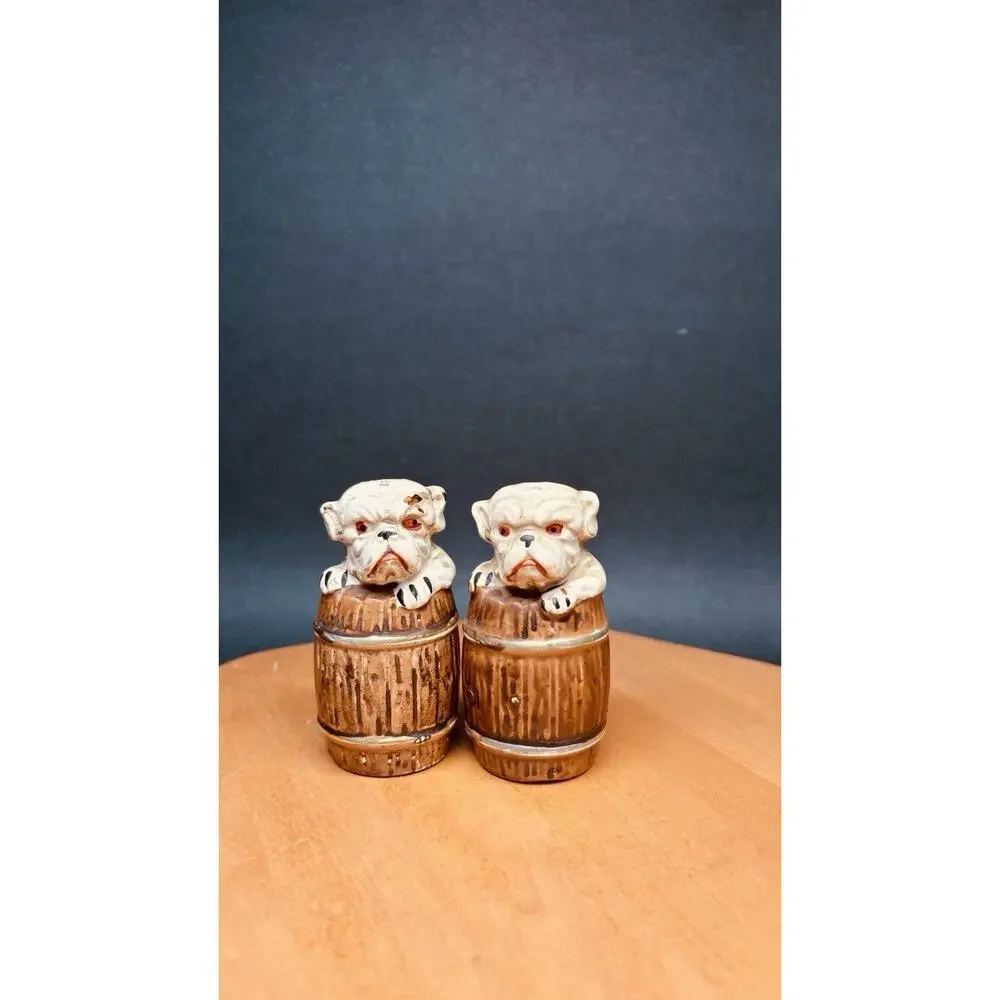 Vintage Japan Bulldog Puppy in Barrel Salt & Pepper Shakers Ceramic Dog Pair